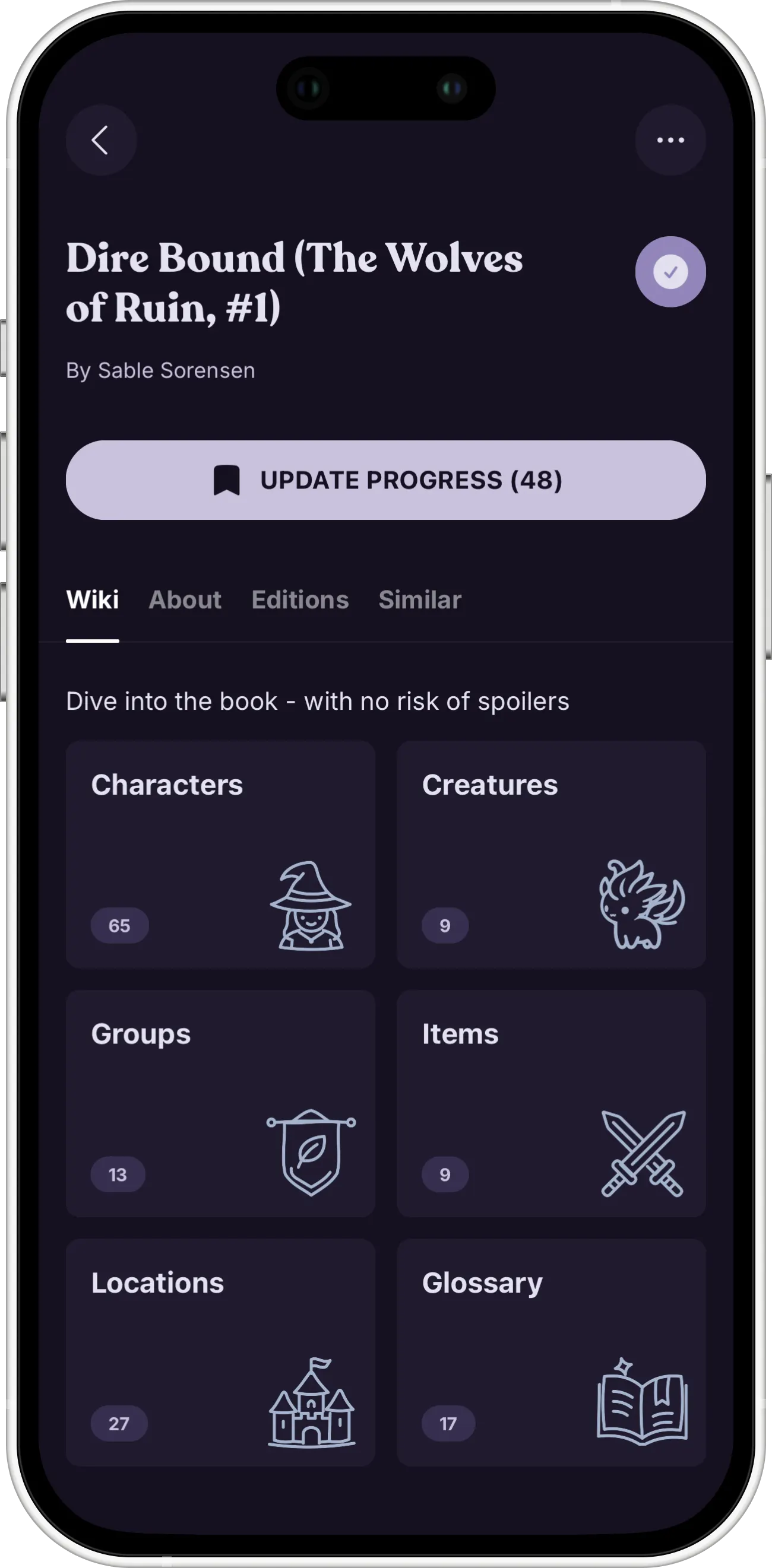 BookBubble book wiki screen listing characters, creatures, groups, items, locations and glossary entries